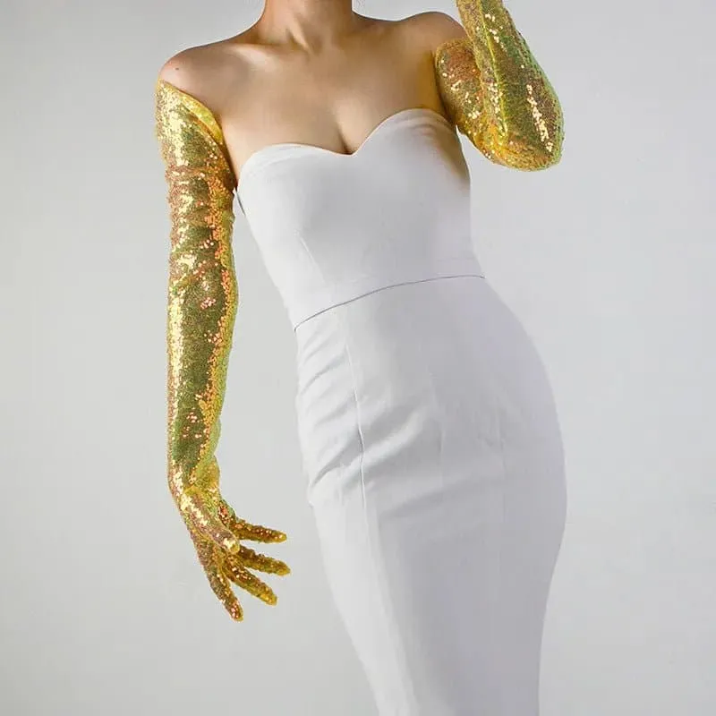 Women's 70cm Glitter Long Gloves - Fashionable Arm-Length Solid Pattern Gloves for Women