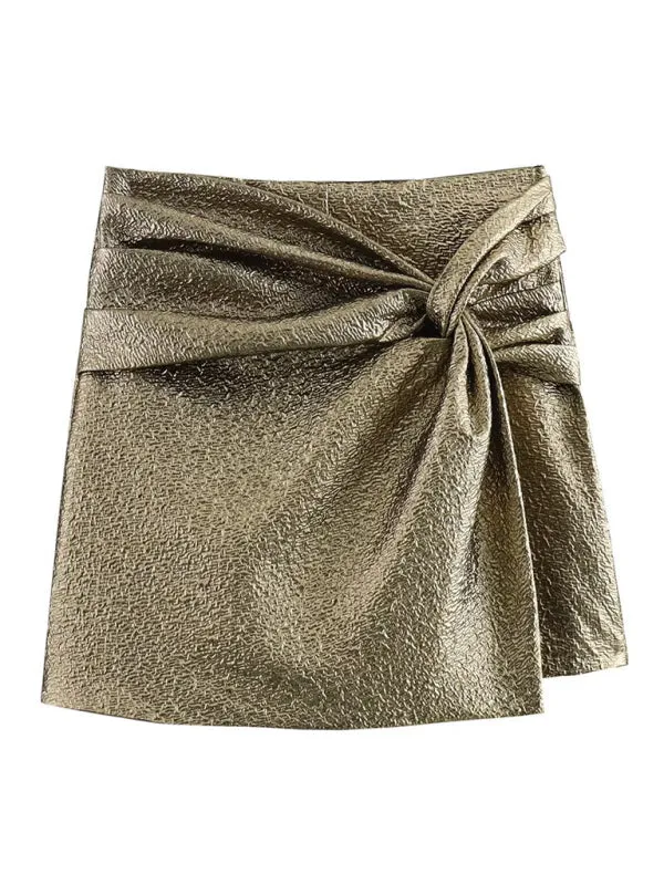 Women's metallic shiny knotted pleated shorts