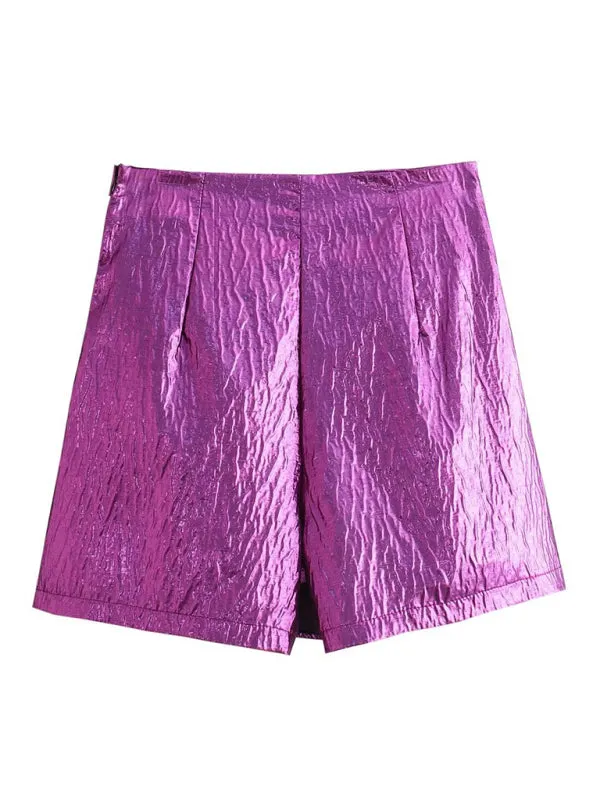 Women's metallic shiny knotted pleated shorts