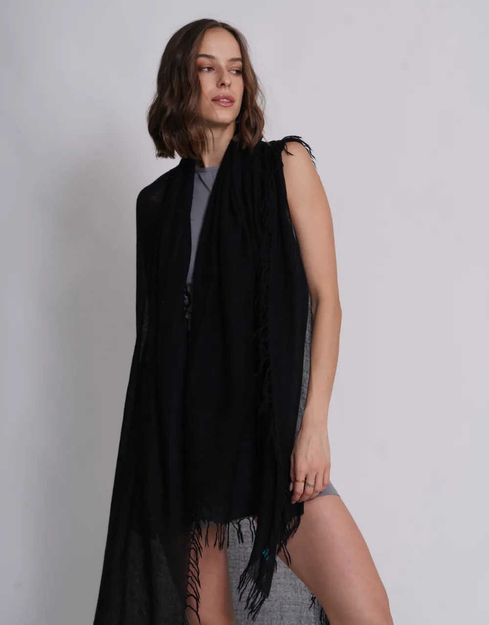 Woven Fringed Scarf in Black