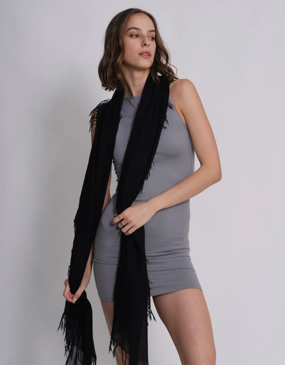 Woven Fringed Scarf in Black