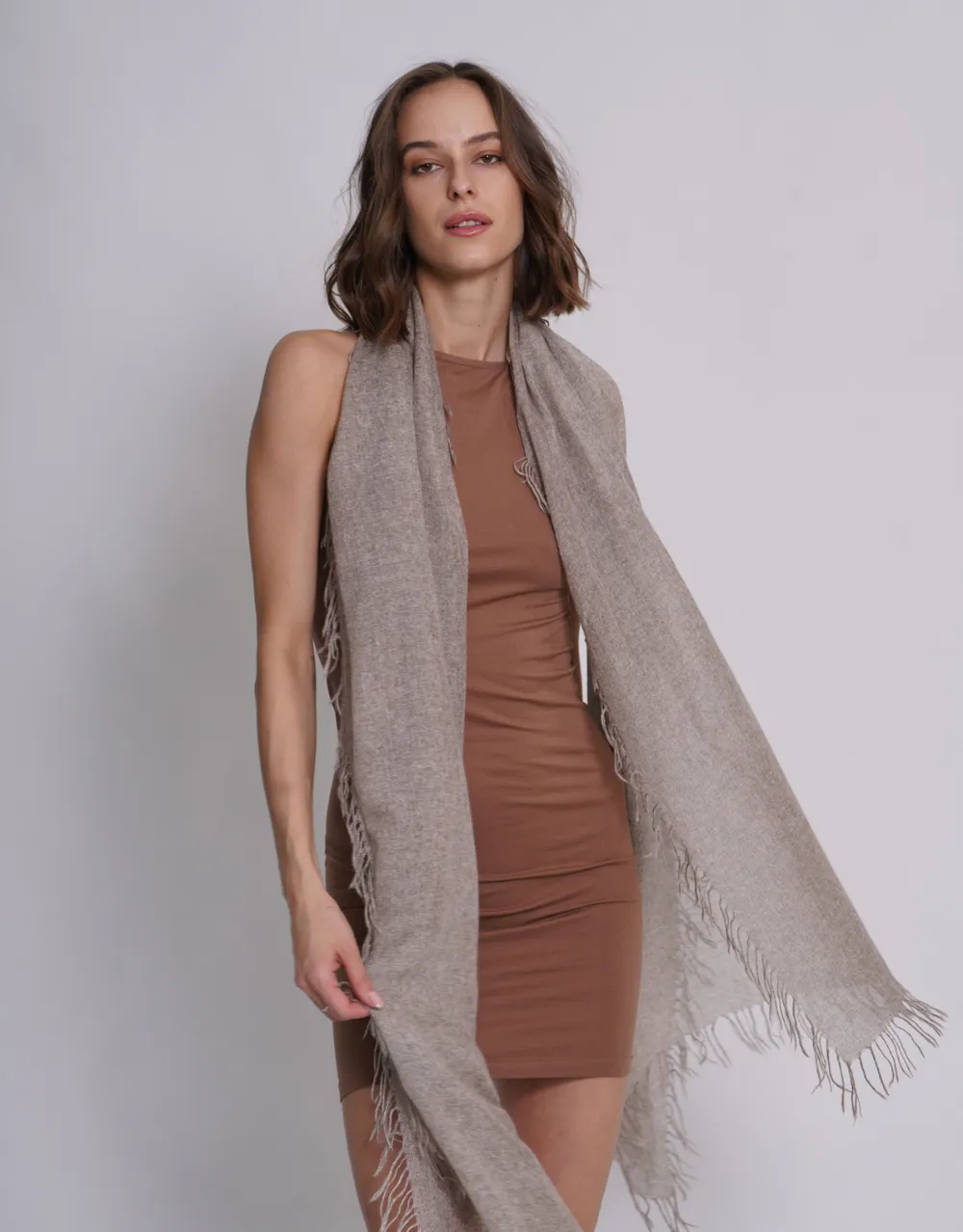 Woven Fringed Scarf in Brushed Brown